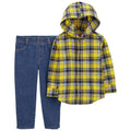 Set 2 piezas camisa amarilla a cuadros con capota y pantalon
