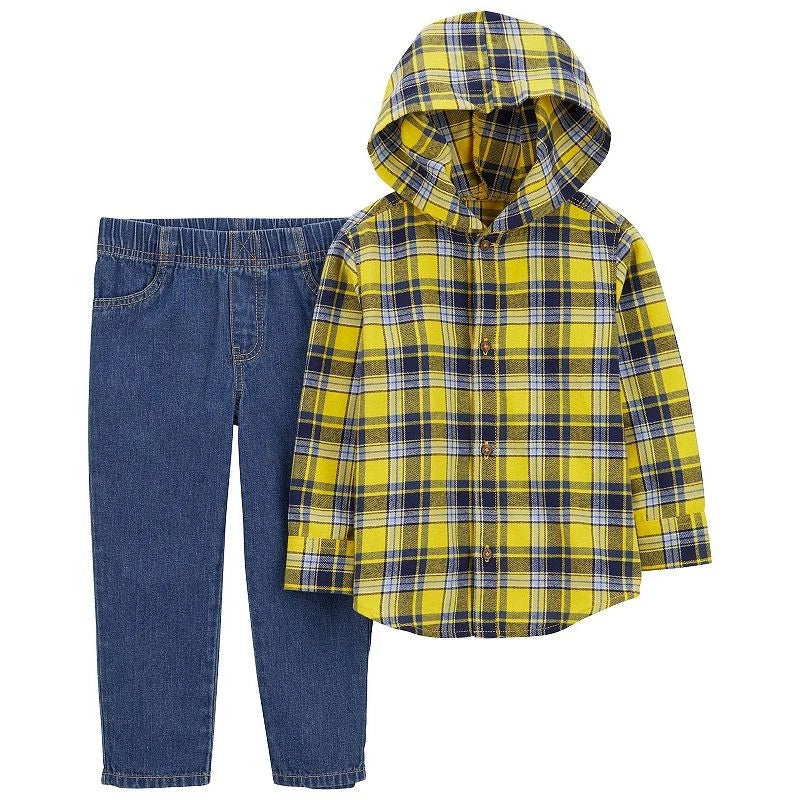 Set 2 piezas camisa amarilla a cuadros con capota y pantalon