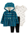 Set 3 piezas saco azul con capota, pantalón y body
