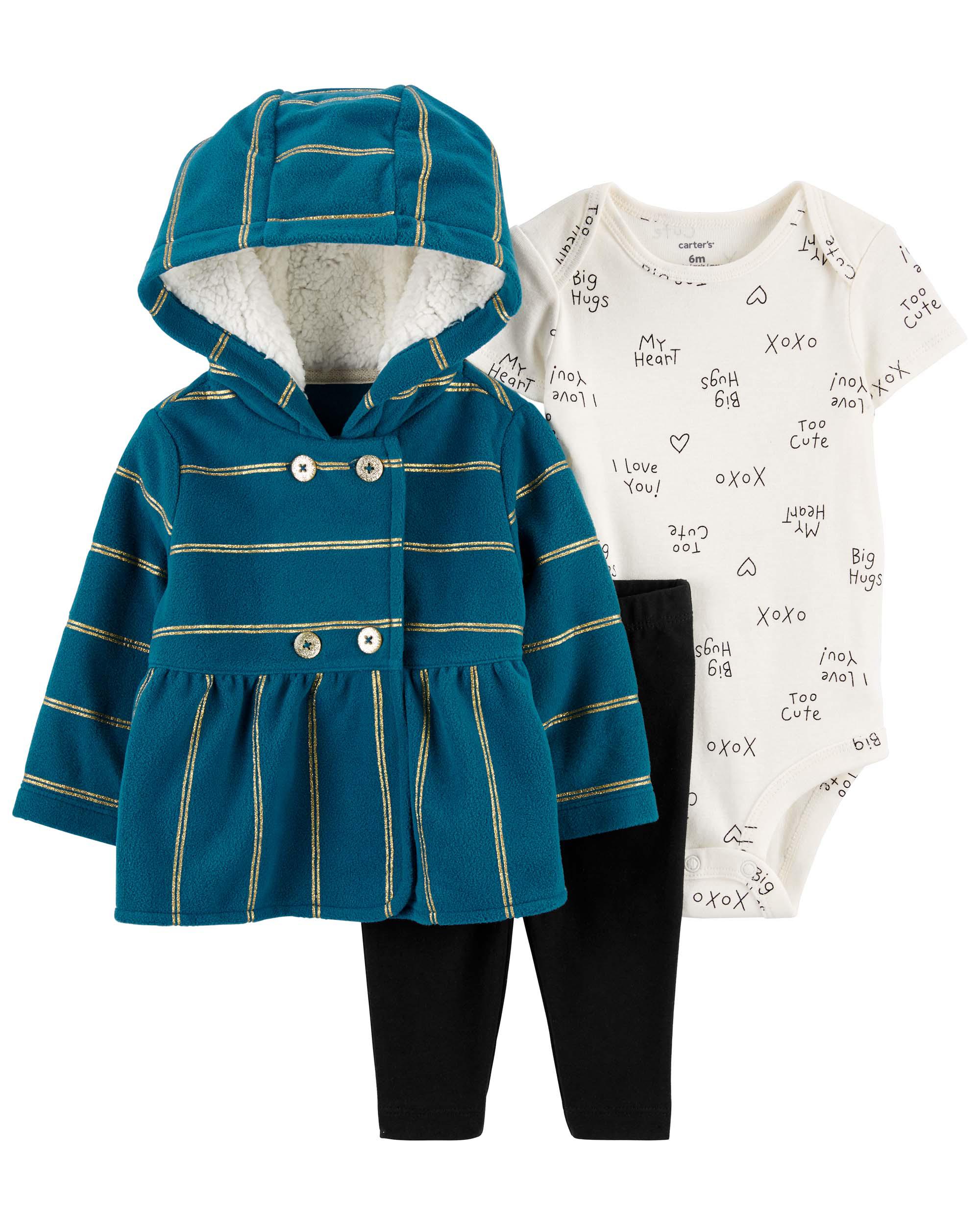 Set 3 piezas saco azul con capota, pantalón y body