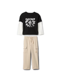 Conjunto 2 piezas camisa negra y pantalón beige