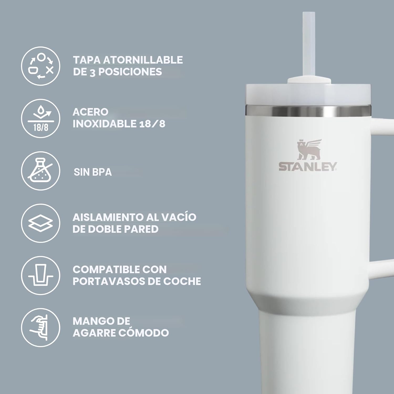 Stanley - Vaso Quencher H2.0 FlowState con Asa y Pitillo – 14 oz – Color Ash